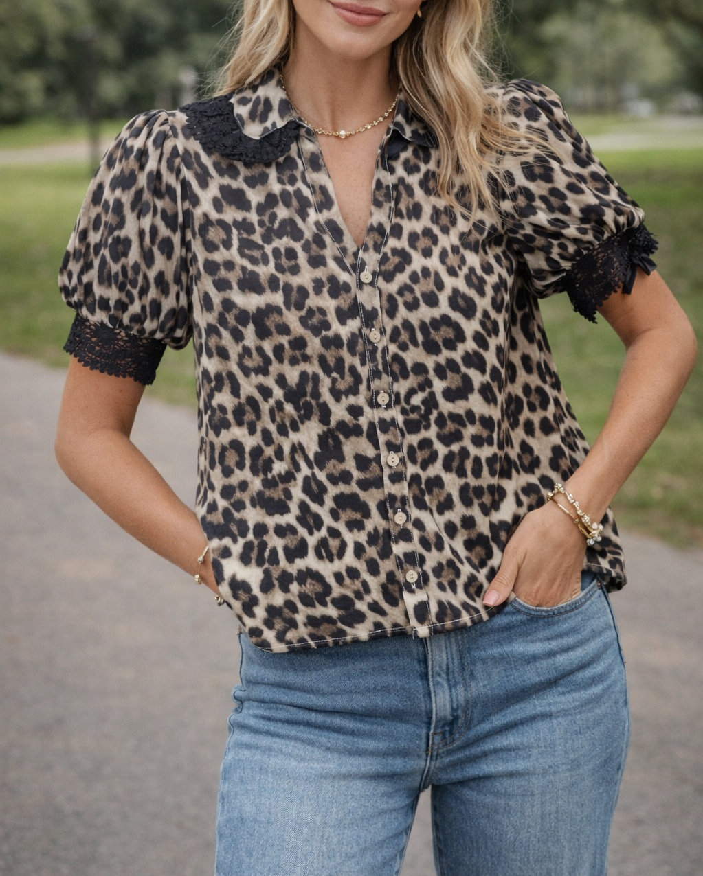 Leopard Lace Trim Shirt New RTS